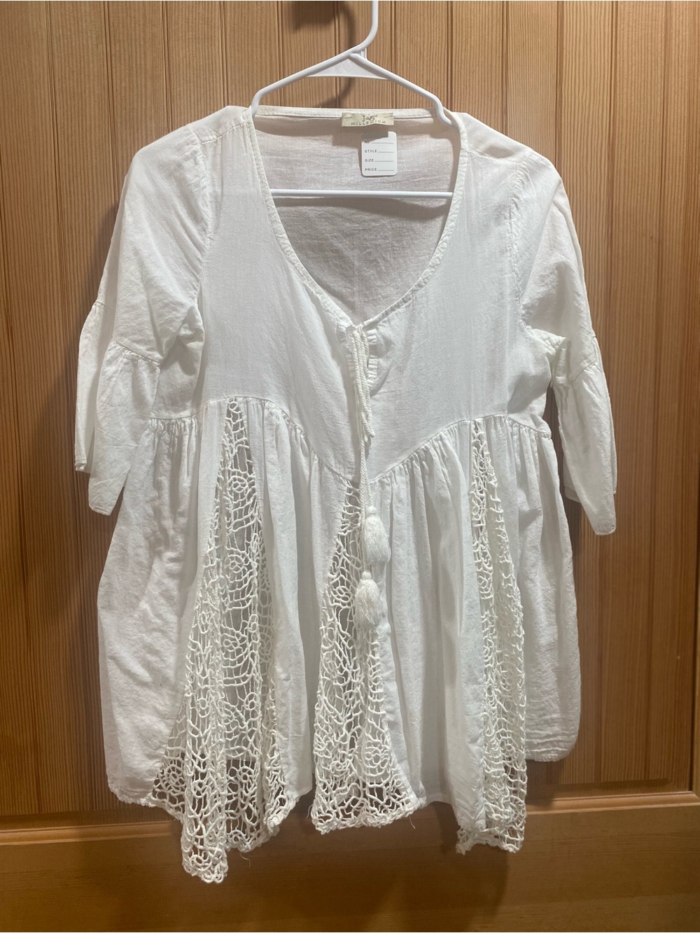 Boho Lace-Panel White Peasant Top with Tie - Picture 2 of 6
